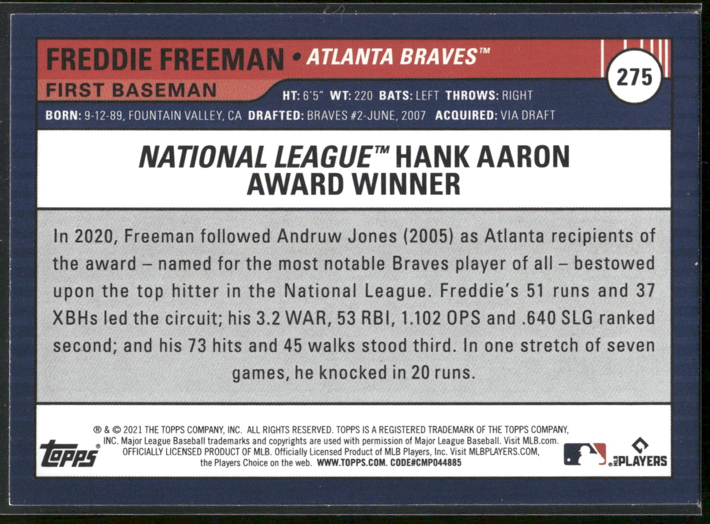 2021 Topps Big League #275 Freddie Freeman Electric Blue