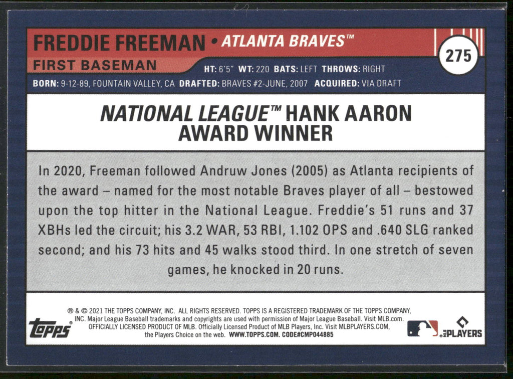2021 Topps Big League #275 Freddie Freeman Electric Blue