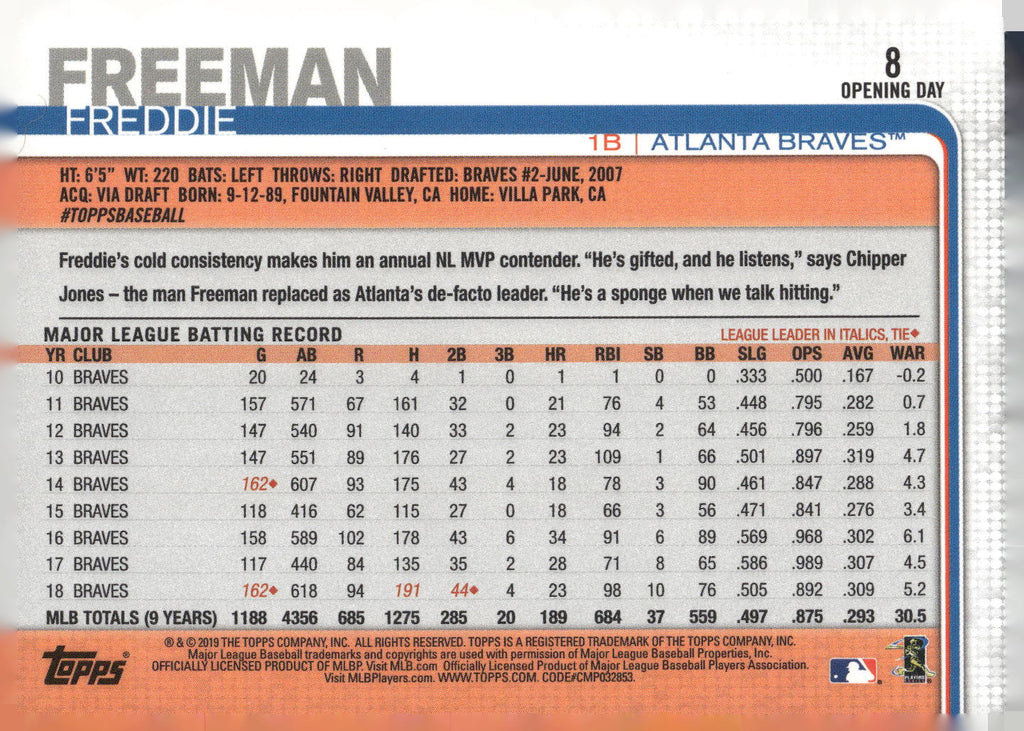 2019 Topps Opening Day #8 Freddie Freeman