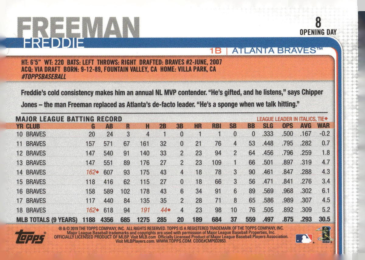 2019 Topps Opening Day #8 Freddie Freeman