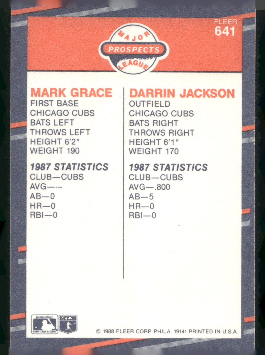 1988 Fleer #641 Mark Grace / Darrin Jackson