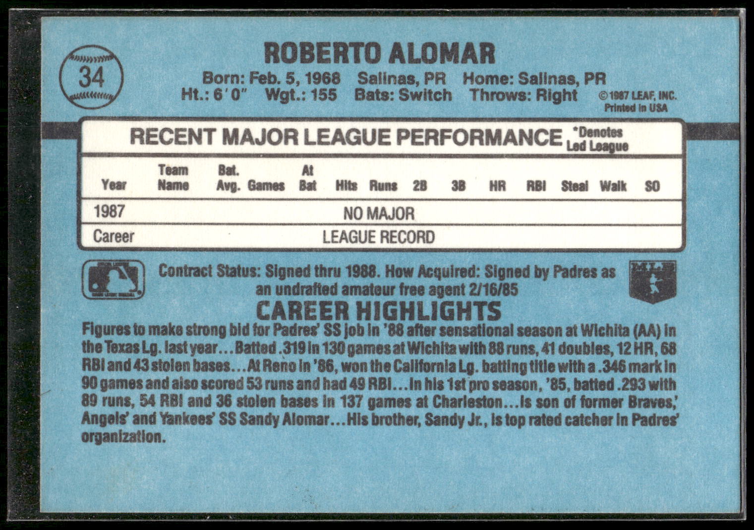 1988 Donruss #34 Roberto Alomar