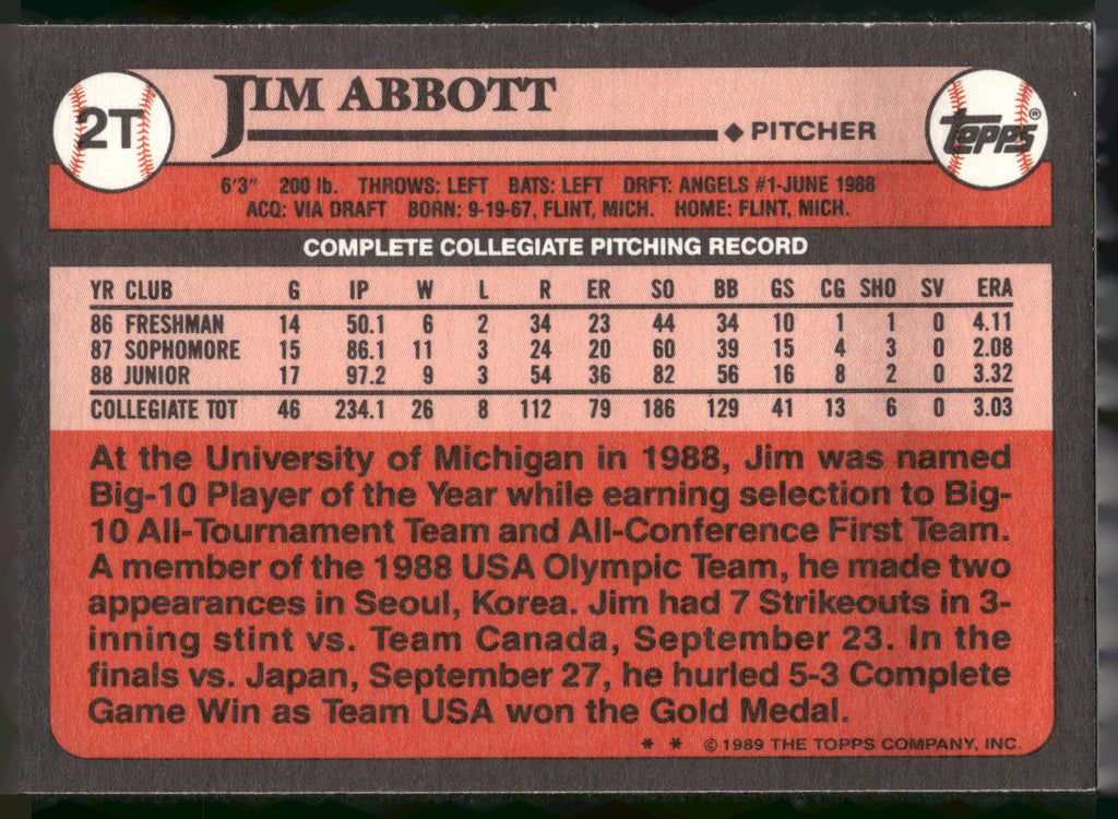 1989 Topps Traded #2T Jim Abbott
