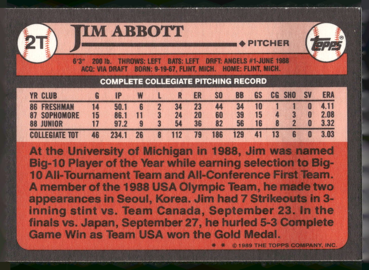 1989 Topps Traded #2T Jim Abbott