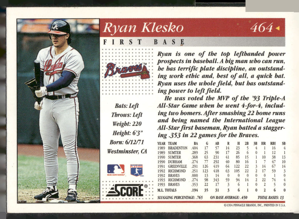 1994 Score #464 Ryan Klesko
