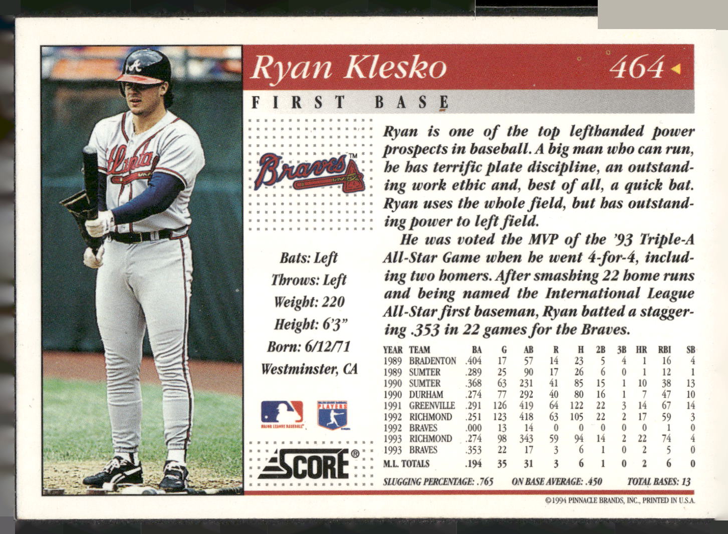 1994 Score #464 Ryan Klesko