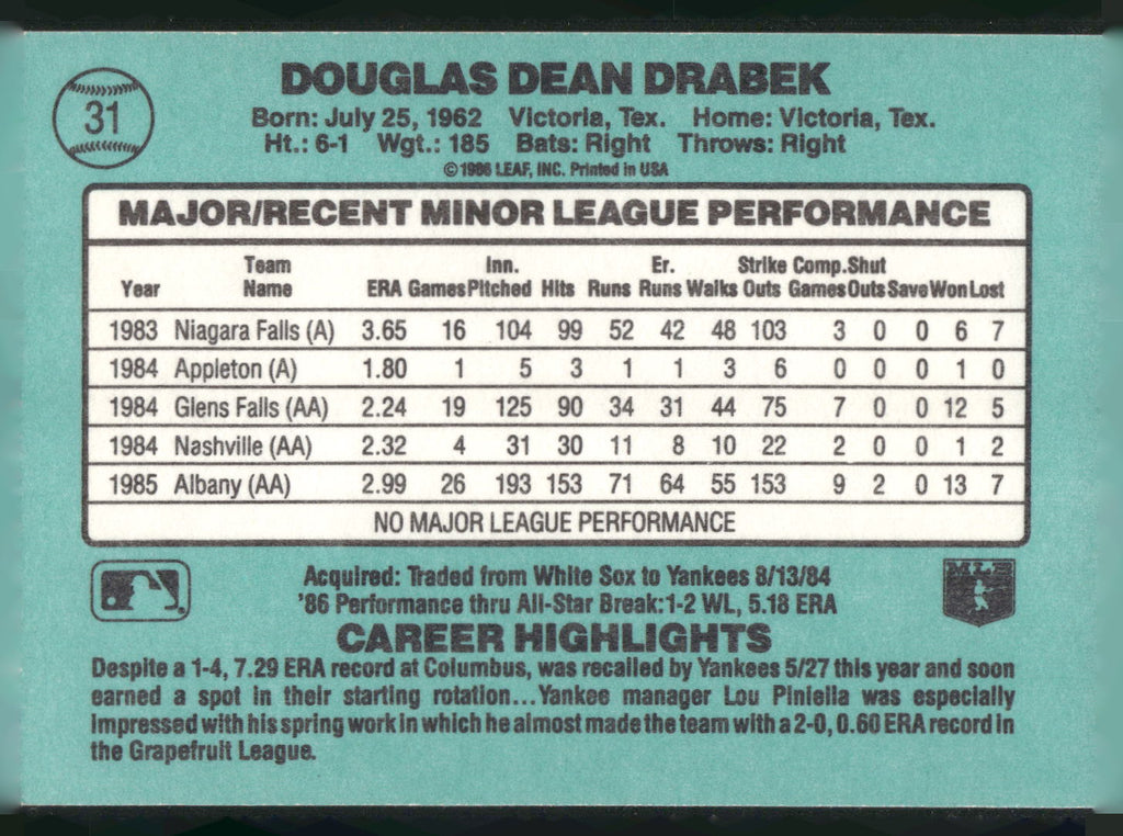 1986 Donruss The Rookies #31 Doug Drabek