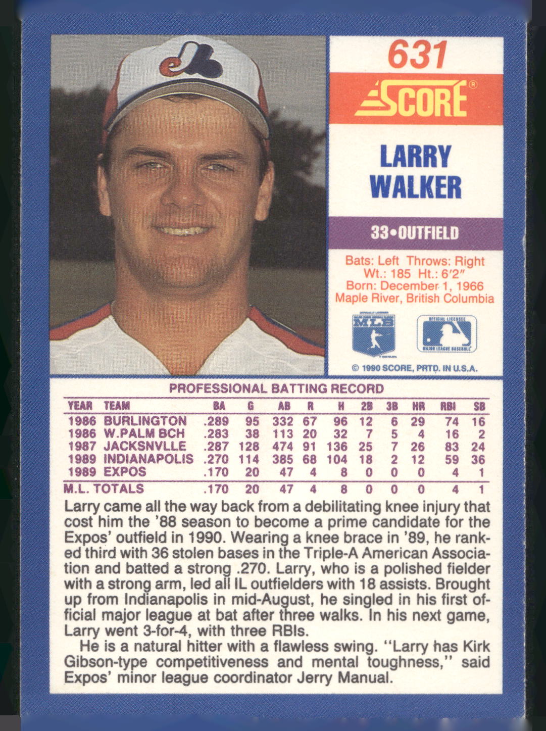 1990 Score #631 Larry Walker