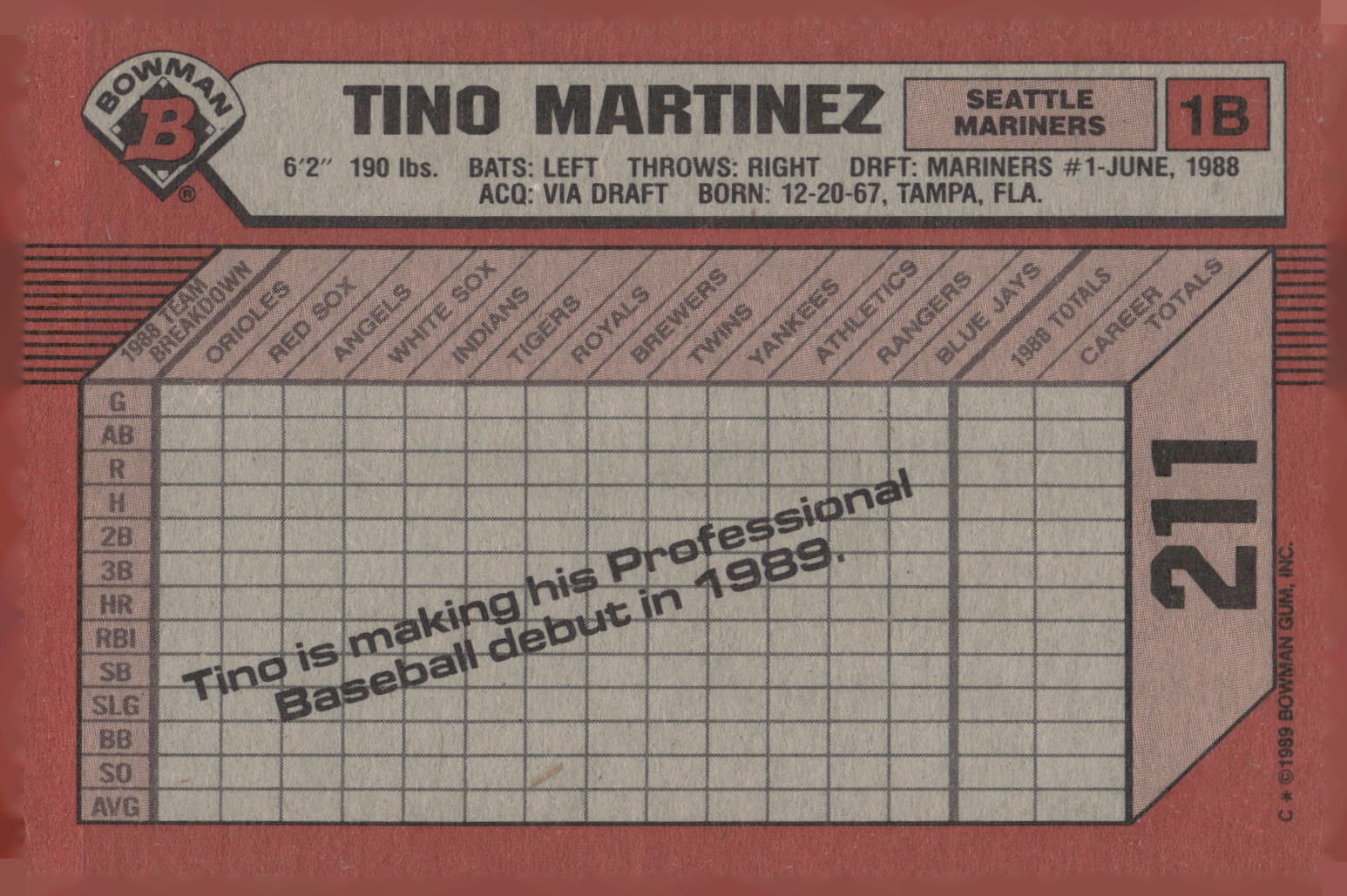 1989 Bowman #211 Tino Martinez