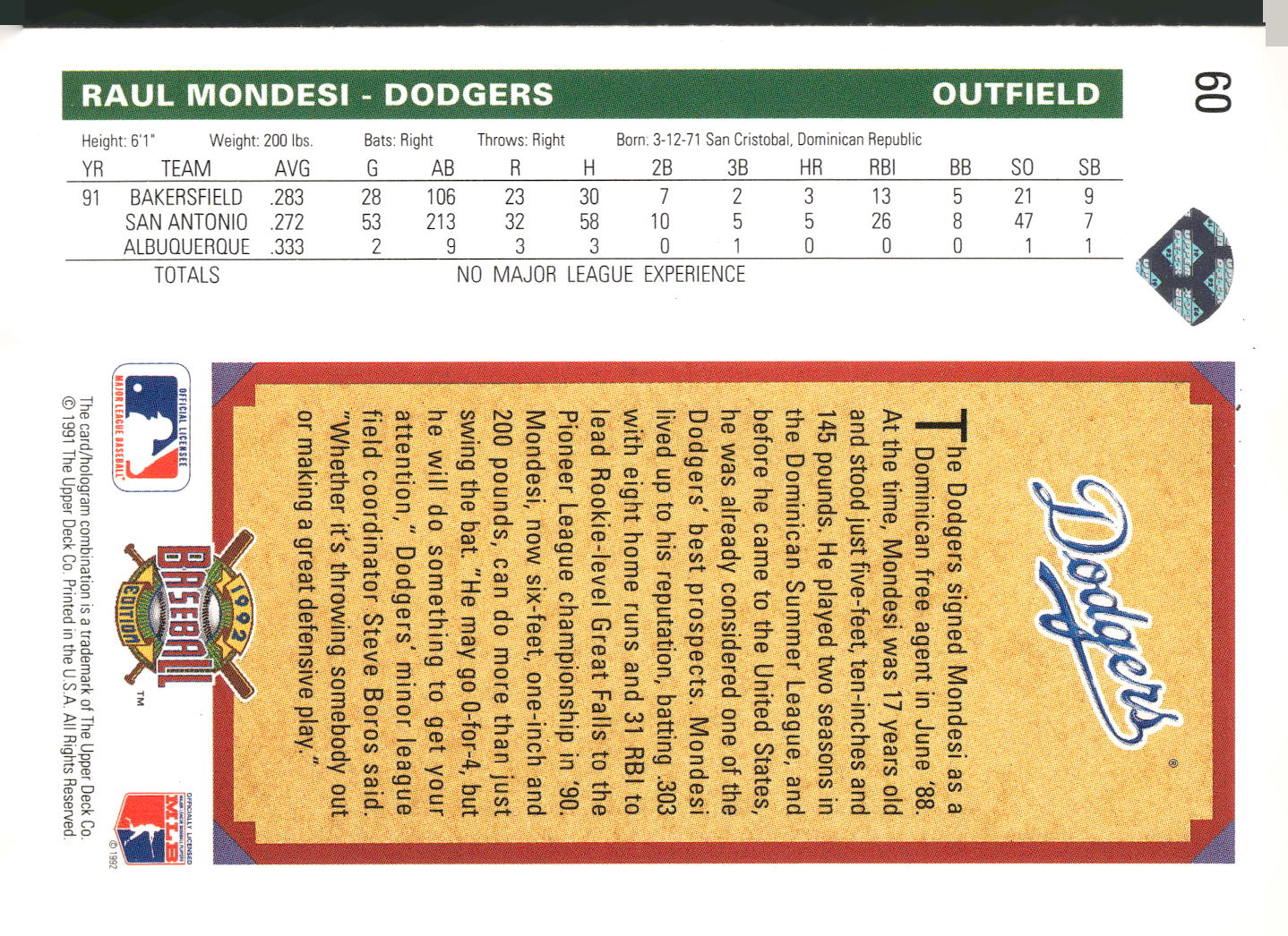 1992 Upper Deck #60 Raul Mondesi