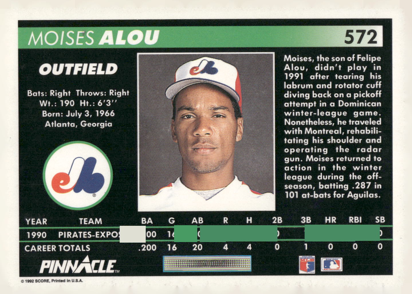 1992 Pinnacle #572 Moises Alou