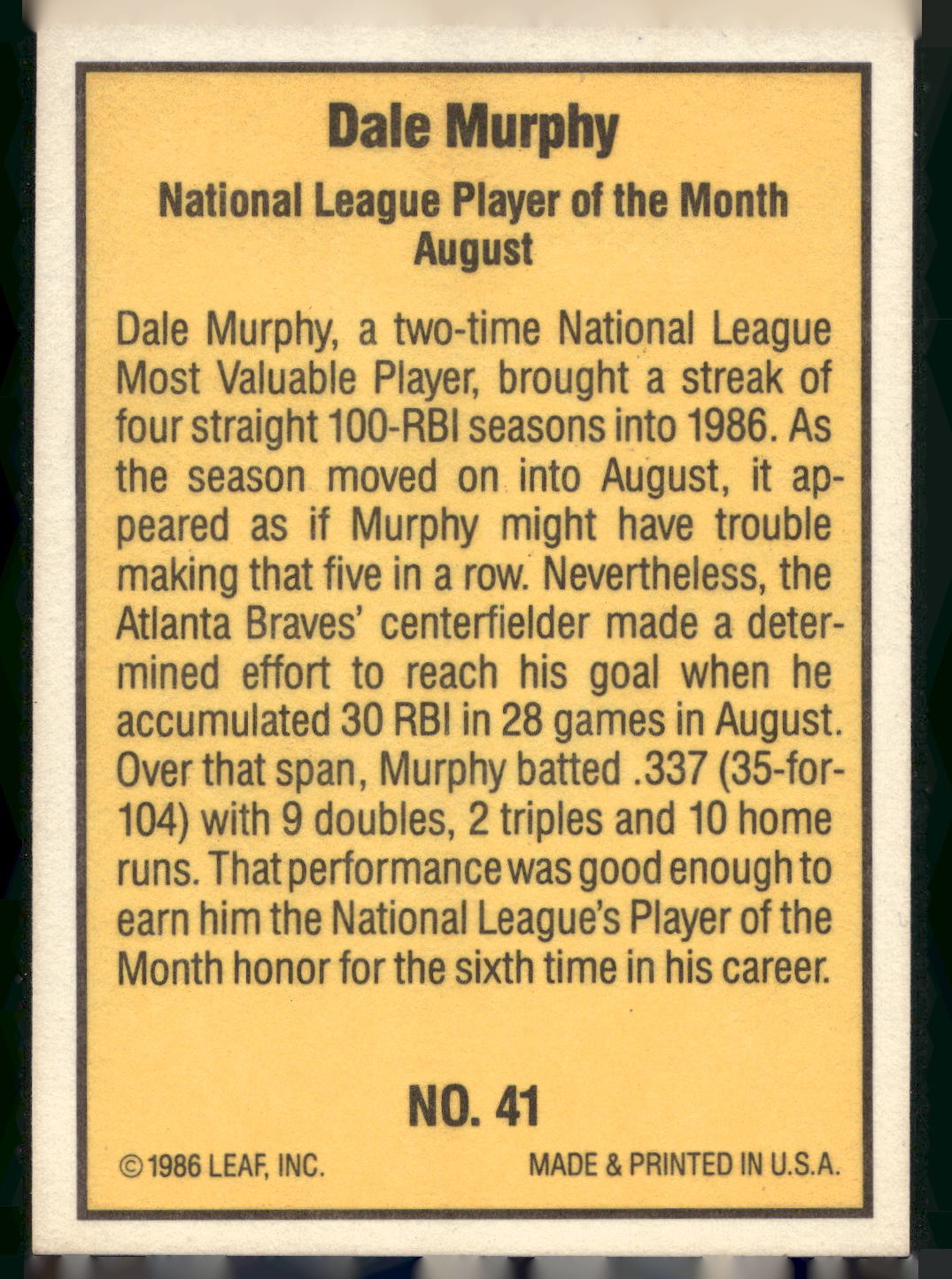 1986 Donruss Highlights #41 Dale Murphy on Card Autograph