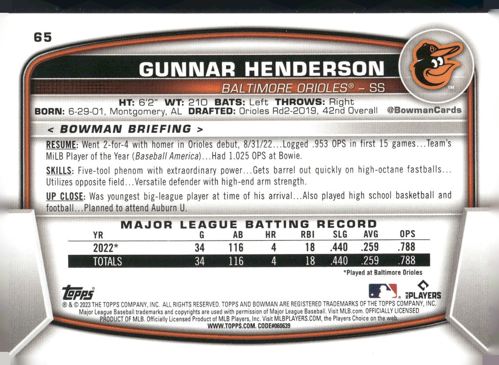 2023 Bowman #65 Gunnar Henderson