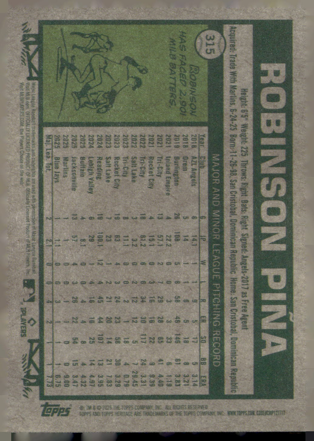 2026 Topps Heritage #315 Robinson Pina Dark Green