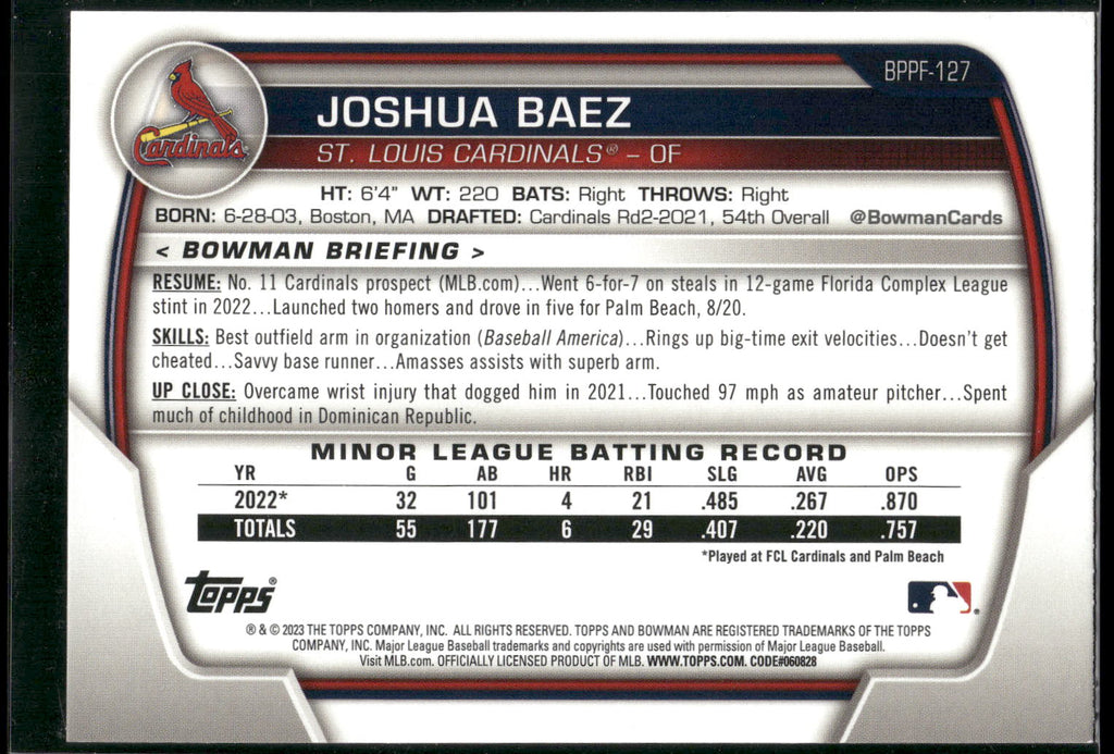 2023 Bowman 1st Edition #BPPF-127 Joshua Baez Sky Blue Foil
