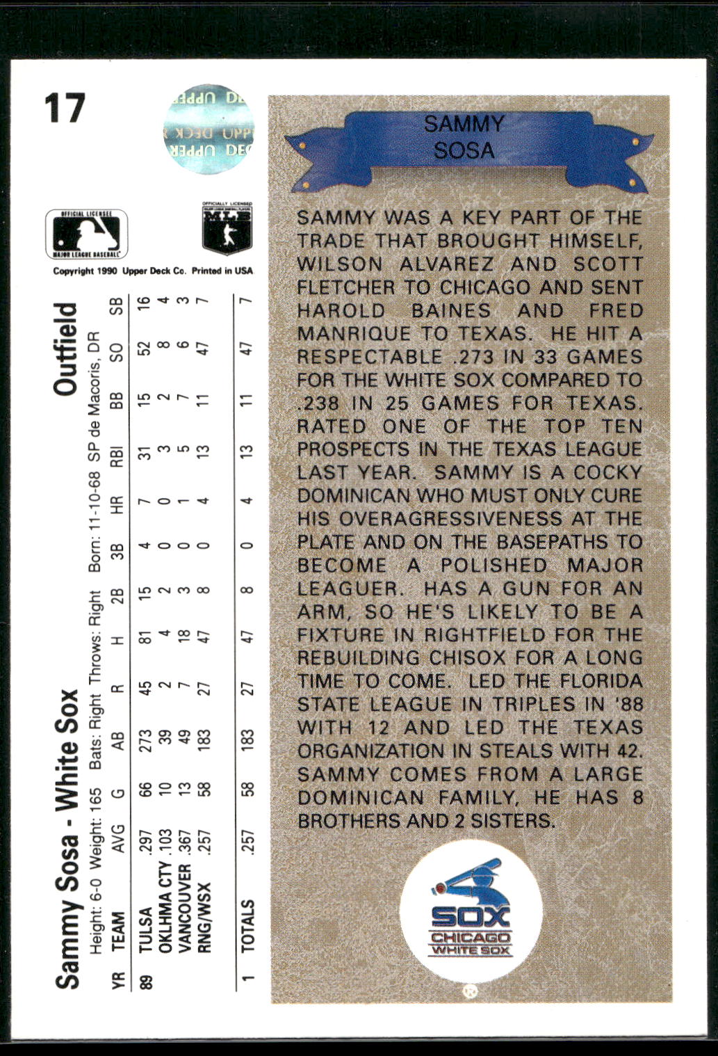 1990 Upper Deck #17 Sammy Sosa