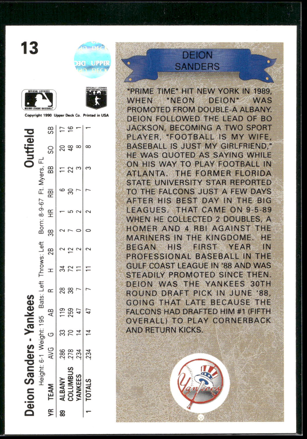 1990 Upper Deck #13 Deion Sanders