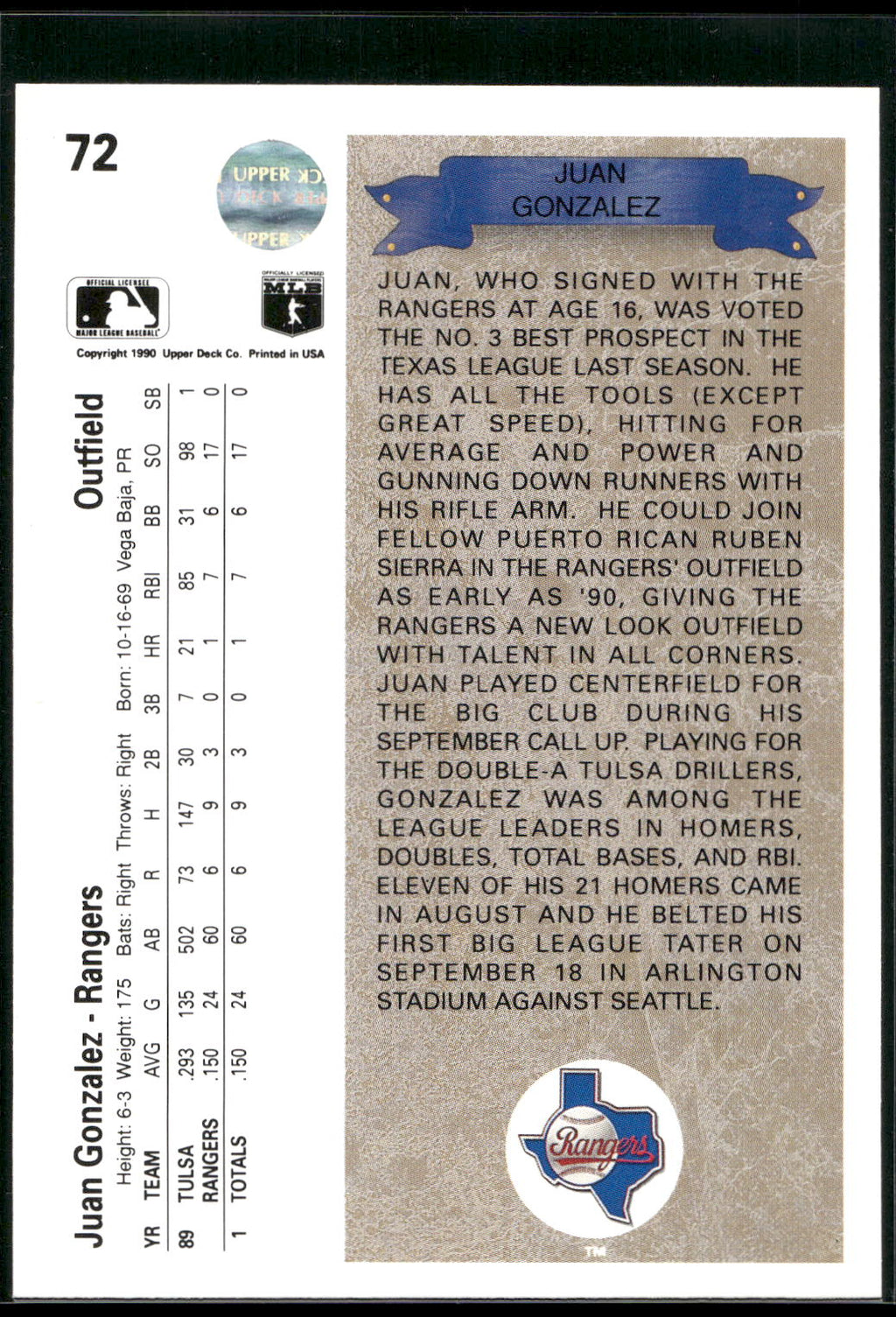 1990 Upper Deck #72 Juan Gonzalez