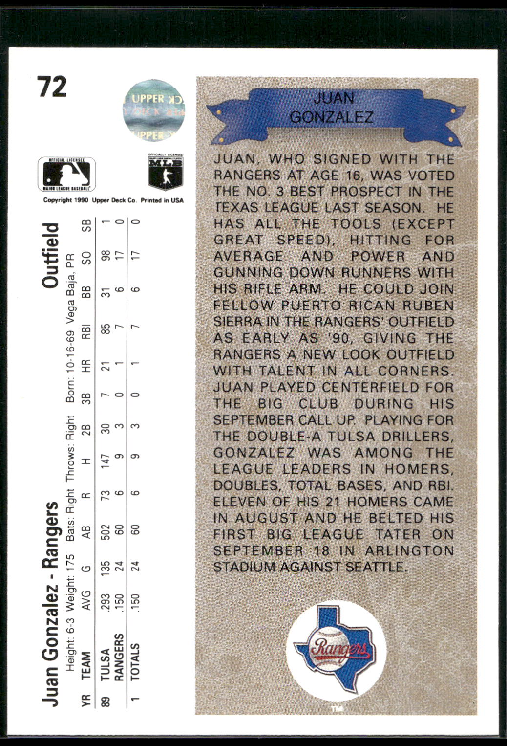 1990 Upper Deck #72 Juan Gonzalez