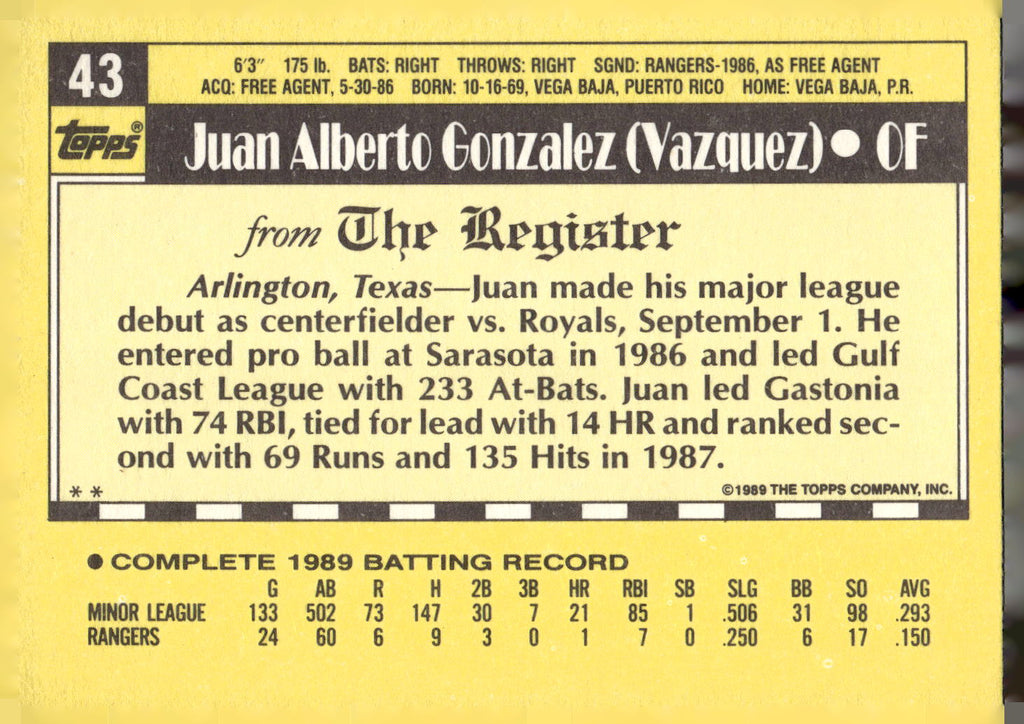 1990 Topps Major League Debut 1989 #43 Juan Gonzalez
