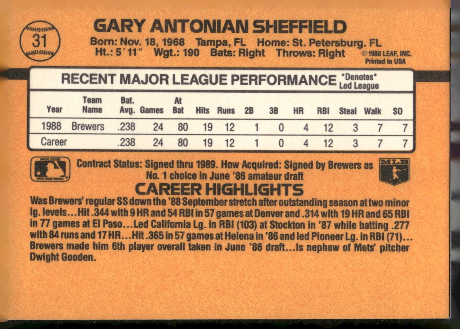 1989 Donruss #31 Gary Sheffield