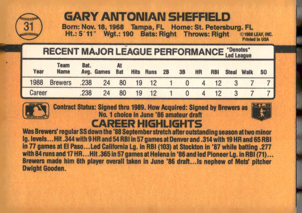 1989 Donruss #31 Gary Sheffield