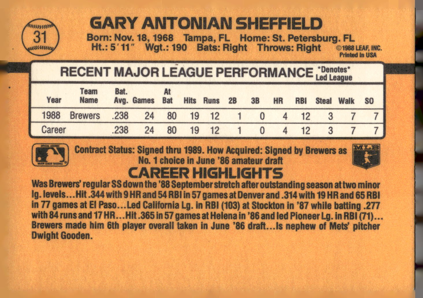 1989 Donruss #31 Gary Sheffield