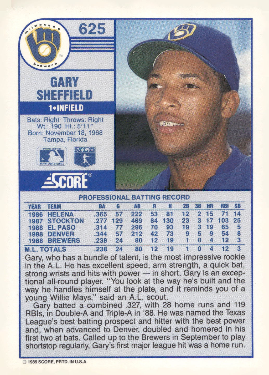 1989 Score #625 Gary Sheffield