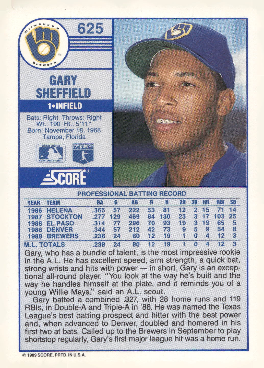 1989 Score #625 Gary Sheffield