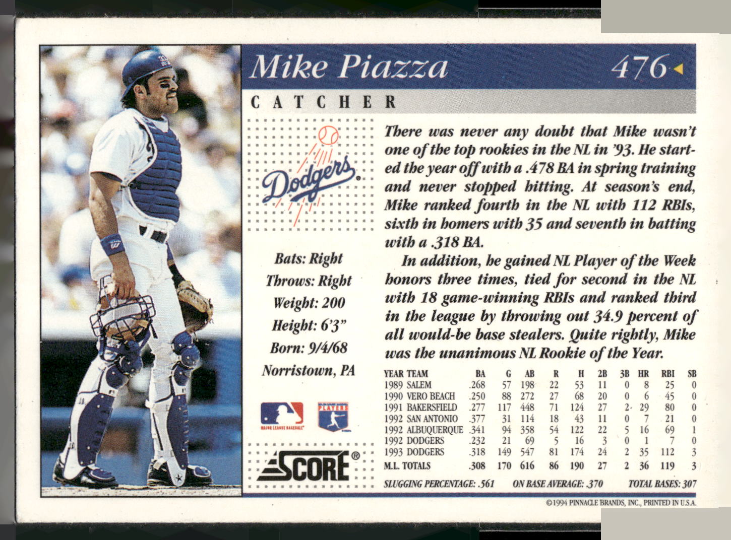 1994 Score #476 Mike Piazza