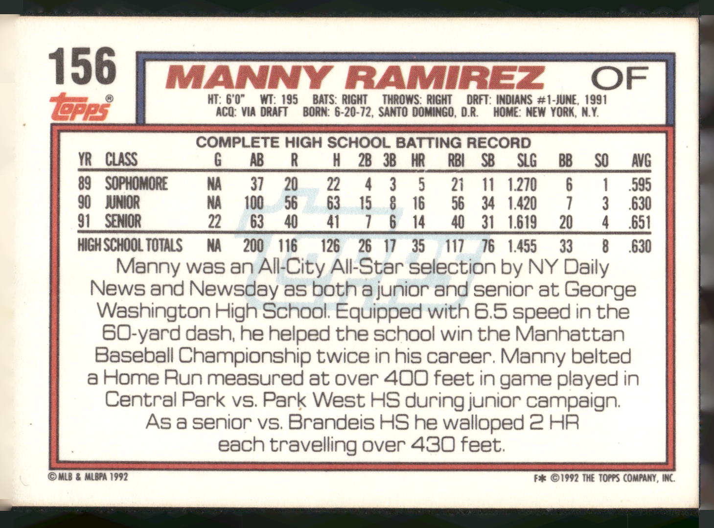 1992 Topps #156 Manny Ramirez
