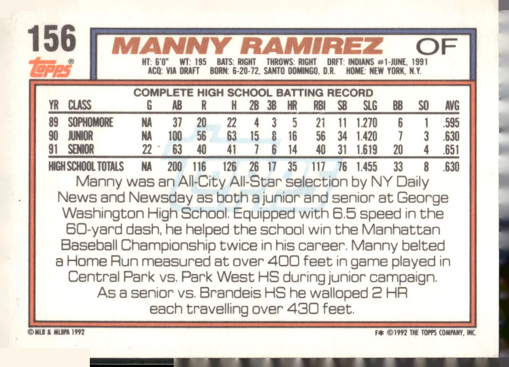 1992 Topps #156 Manny Ramirez