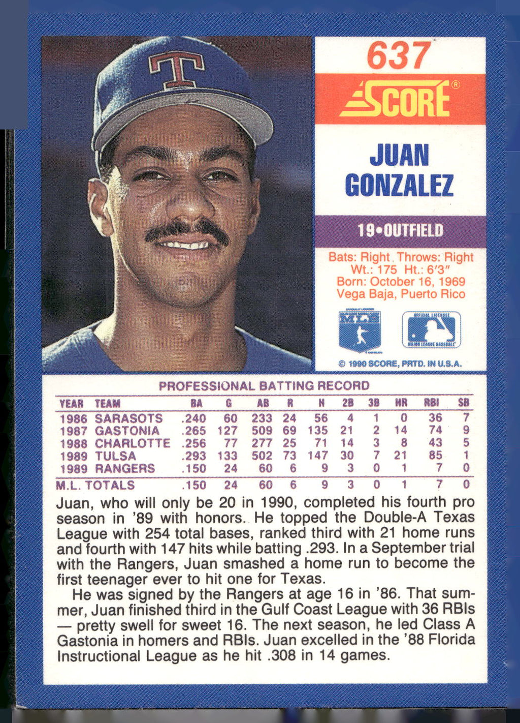 1990 Score #637 Juan Gonzalez
