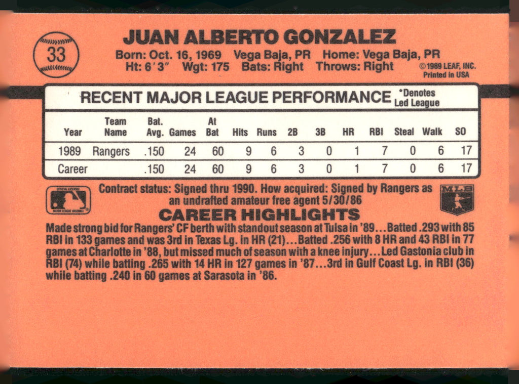 1990 Donruss #33e Juan Gonzalez