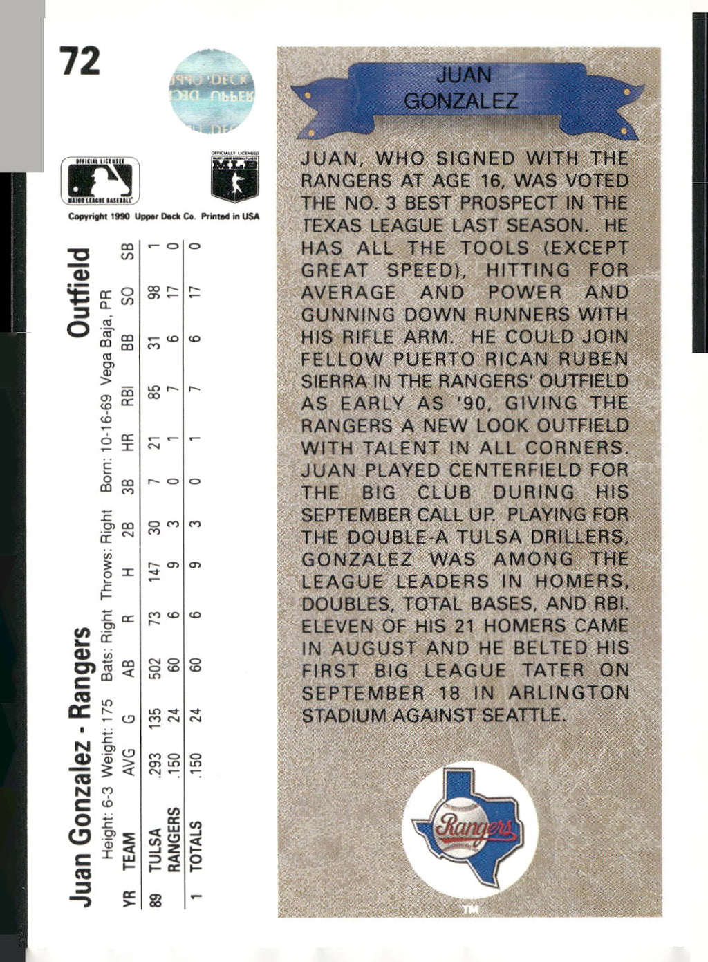 1990 Upper Deck #72 Juan Gonzalez