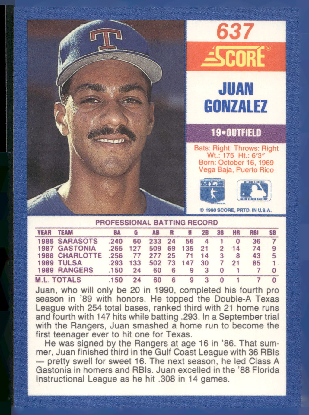 1990 Score #637 Juan Gonzalez