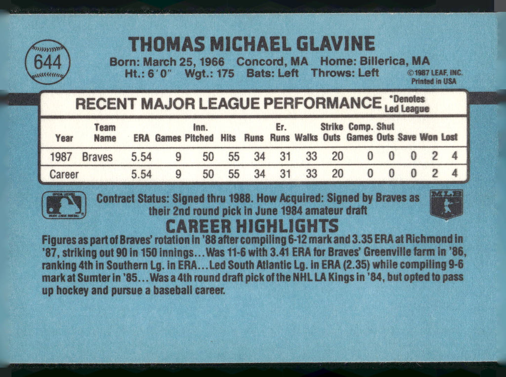 1988 Donruss #644 Tom Glavine