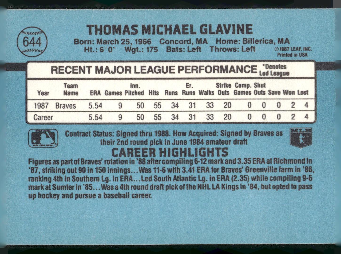 1988 Donruss #644 Tom Glavine