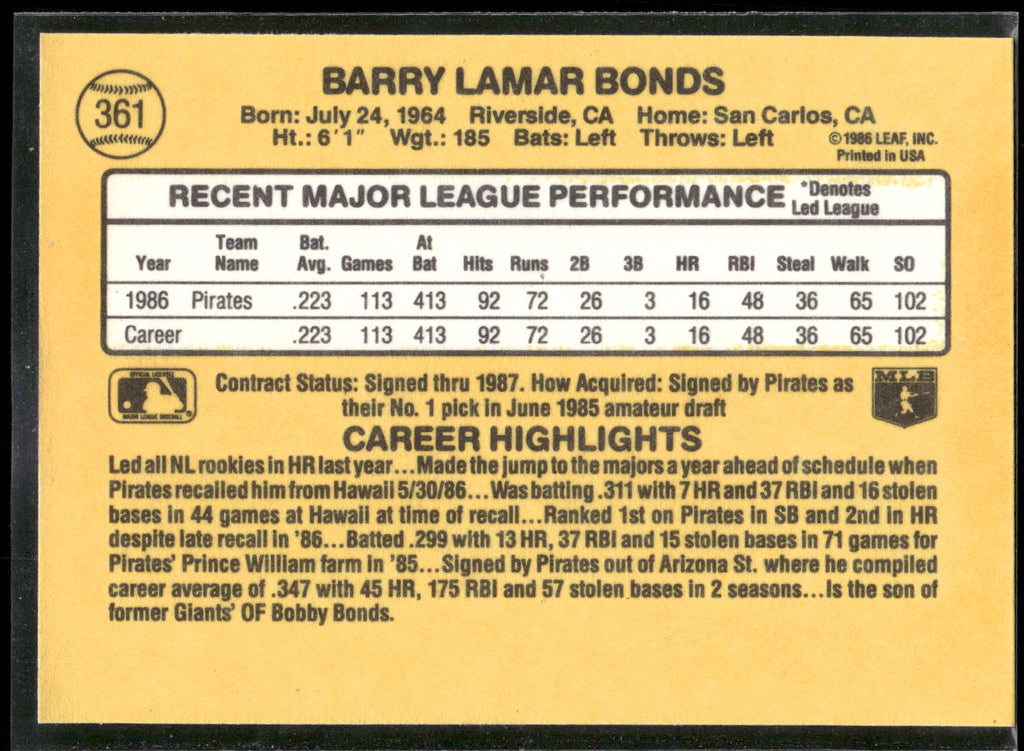 1987 Donruss #361 Barry Bonds
