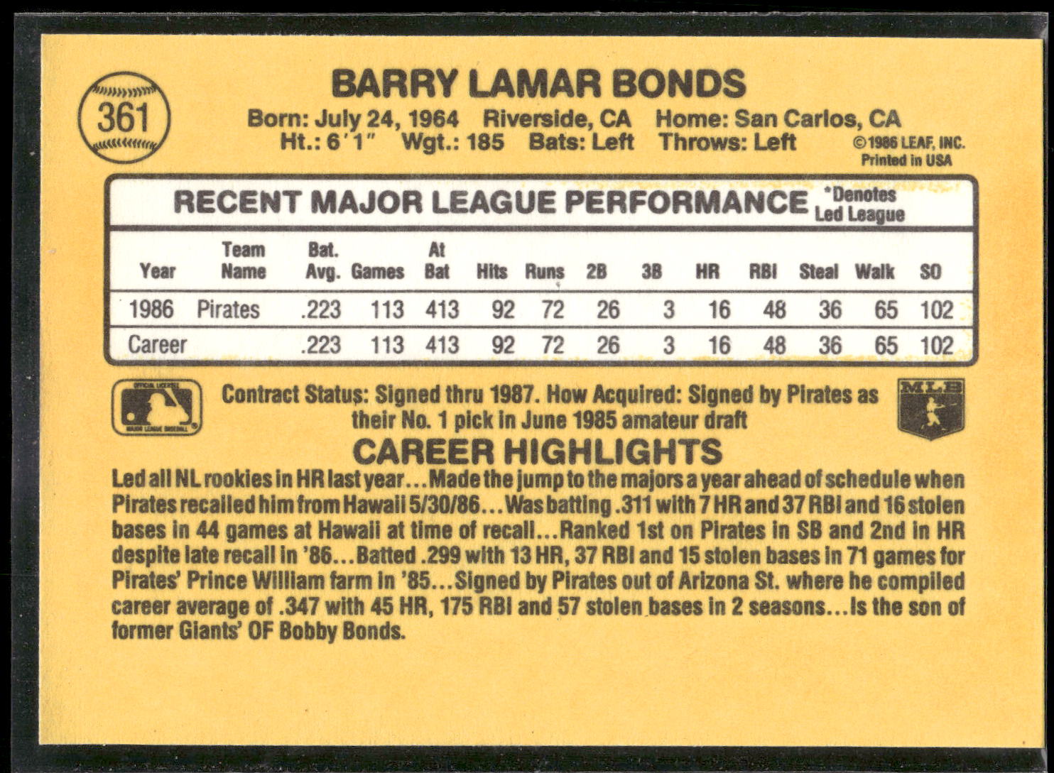 1987 Donruss #361 Barry Bonds