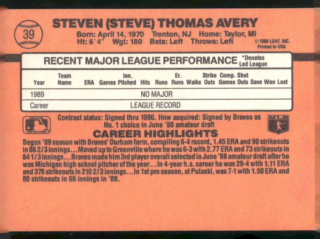 1990 Donruss #39 Steve Avery