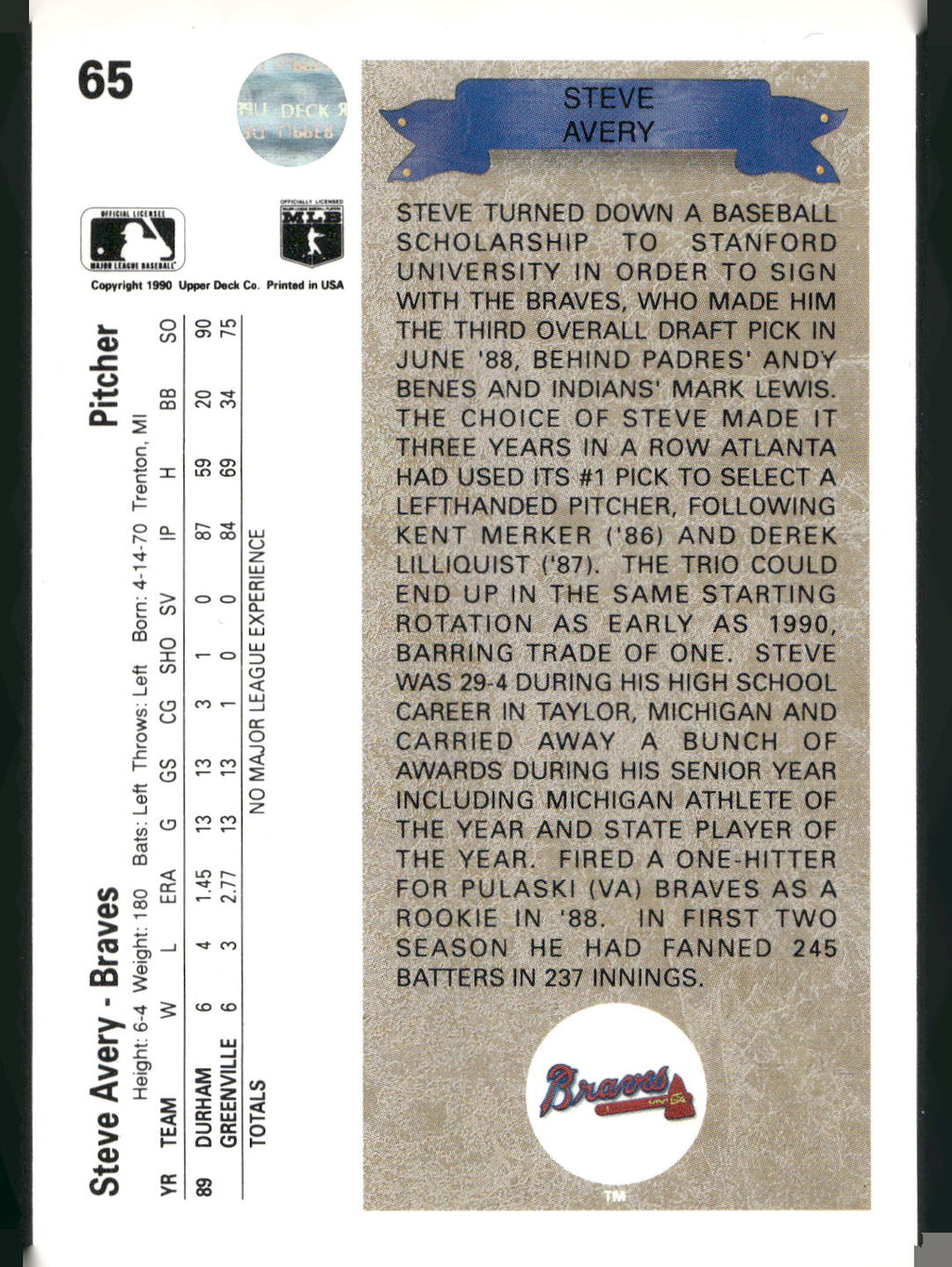 1990 Upper Deck #65 Steve Avery