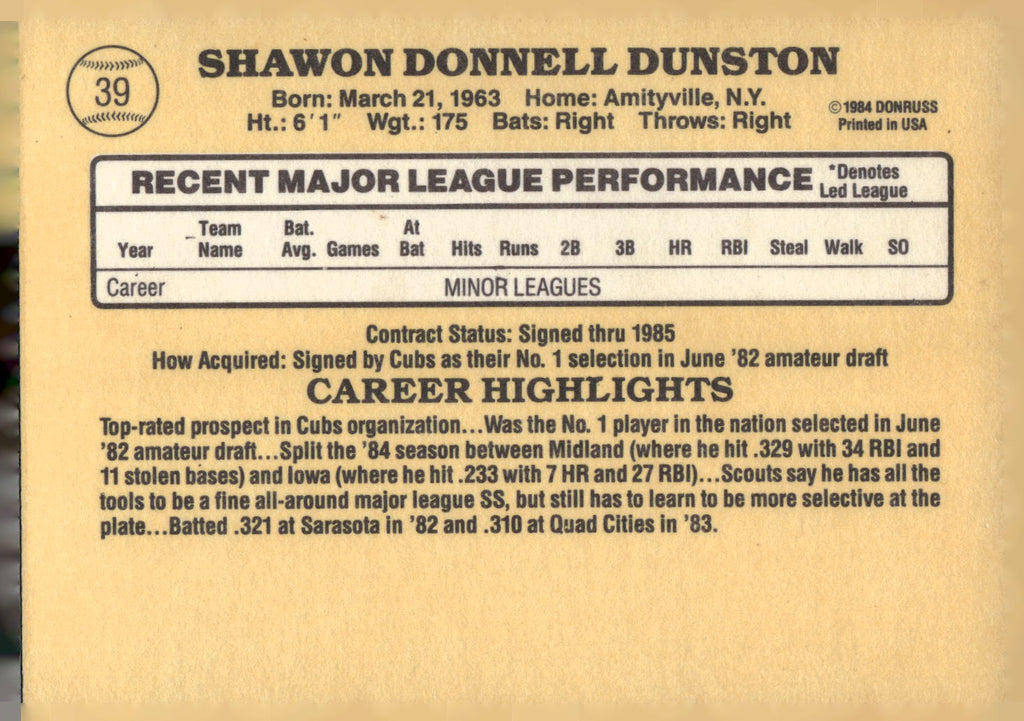 1985 Donruss #39 Shawon Dunston