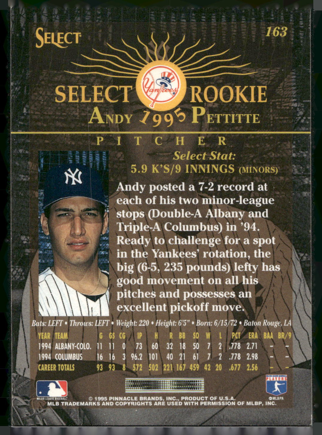 1995 Select #163 Andy Pettitte