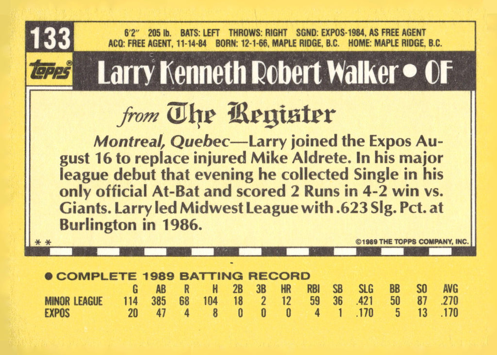 1990 Topps Major League Debut 1989 #133 Larry Walker