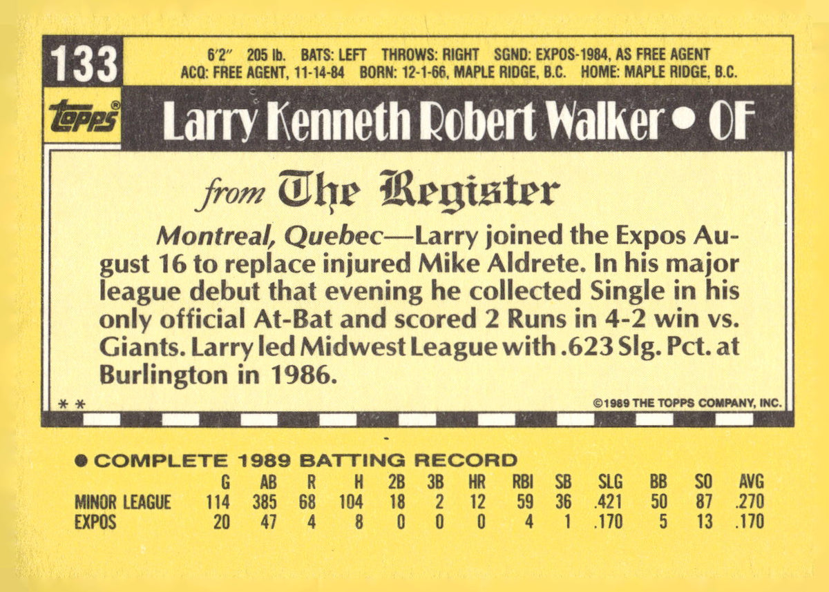 1990 Topps Major League Debut 1989 #133 Larry Walker
