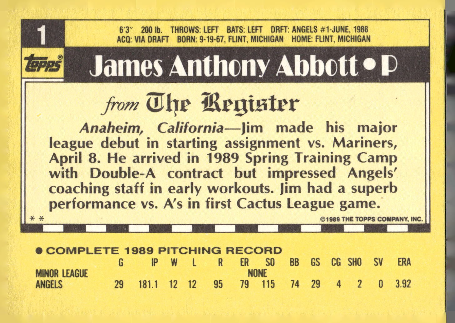 1990 Topps Major League Debut 1989 #1 Jim Abbott