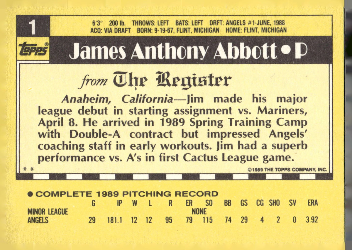 1990 Topps Major League Debut 1989 #1 Jim Abbott
