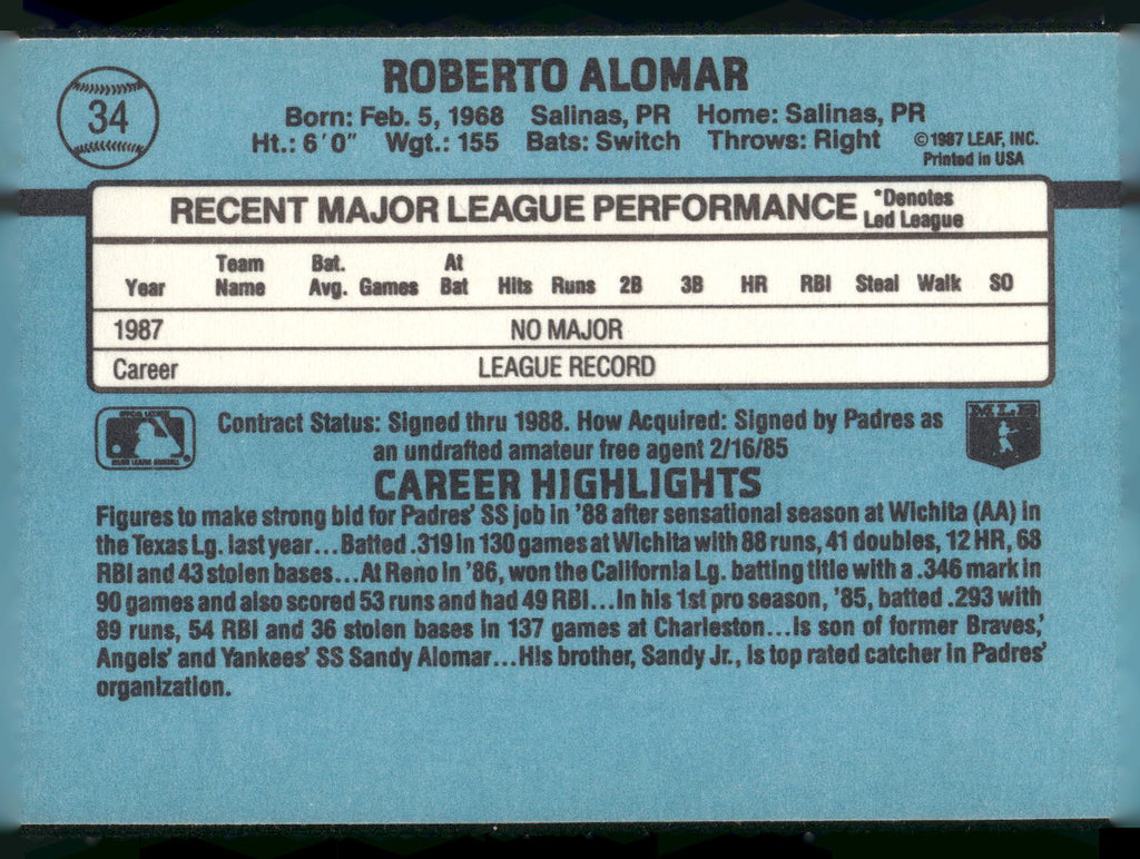 1988 Donruss #34 Roberto Alomar