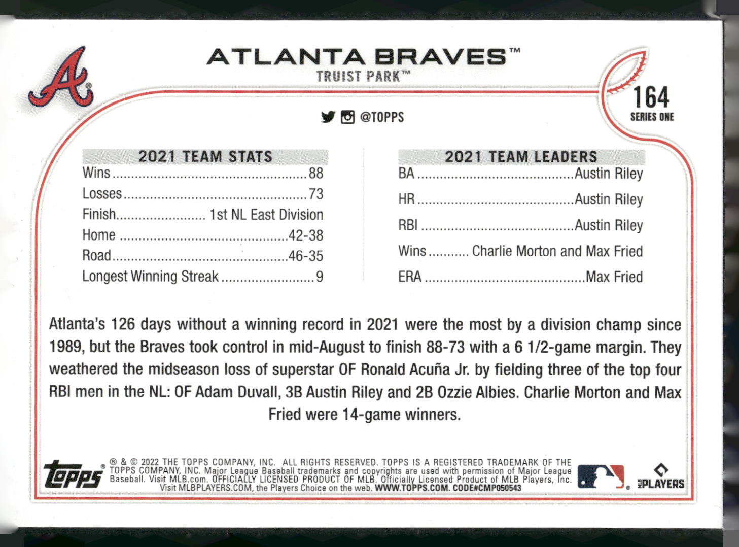 2022 Topps #164 Atlanta Braves Rainbow Foil
